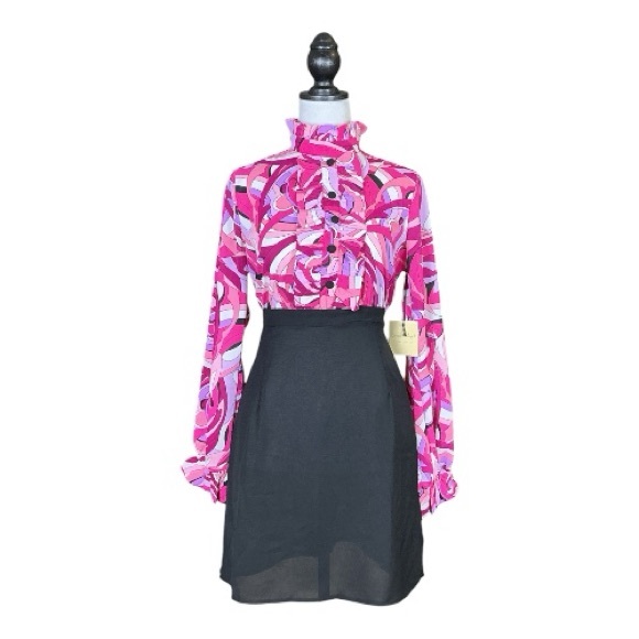 Smak Parlour NWT Multicolored Retro Mod Psychedelic Ruffle Mini Dress Size L - Picture 2 of 10